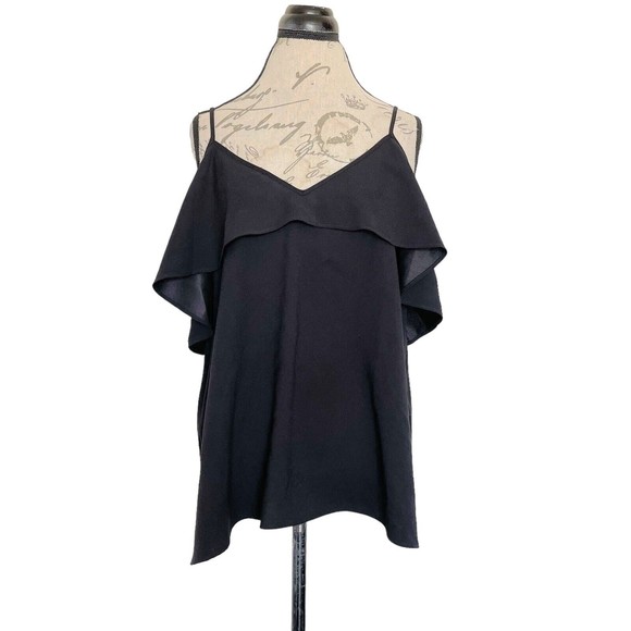 Ann Taylor Blouse Cold Shoulder Ruffle V Neckline Side Slit Black Size Medium - Picture 1 of 12
